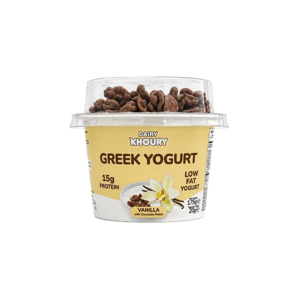 dairy khoury vanilla choco flakes greek yogurt 175