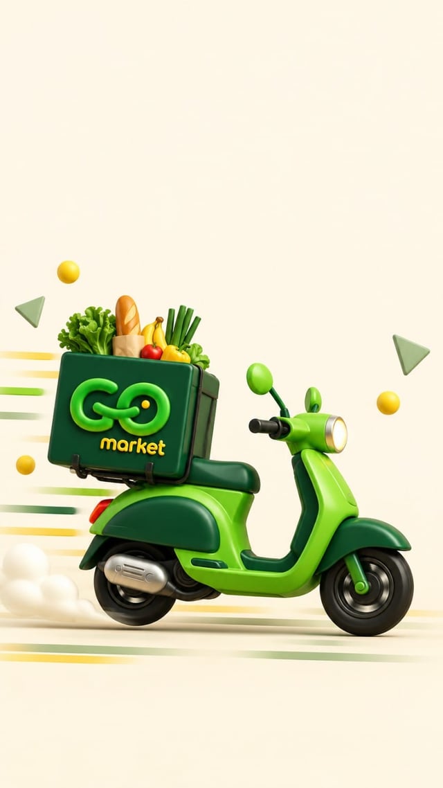 Green Gomarket delivery scooter carrying fresh groceries