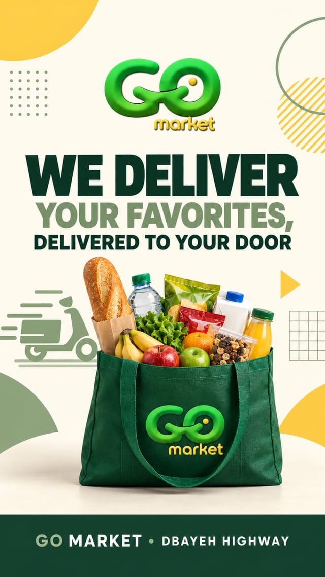 Gomarket delivery poster: your favourites delivered to your door, Dbayeh Highway