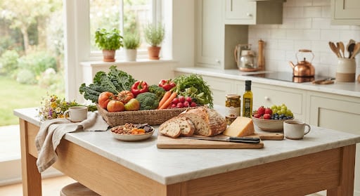 Fresh vegetables, bread and pantry goods arranged in a bright kitchen